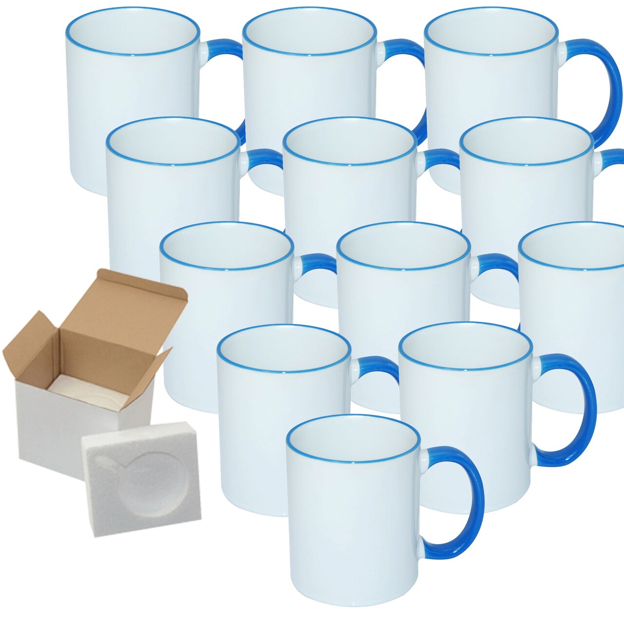 12 Pcs 11OZ Light Blue Rim & Handle Sublimation Mugs With Foam Support Boxes